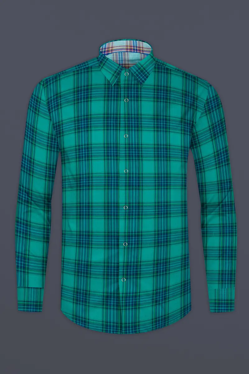 Geyser Gray Plaid And Ocean Green Plaid Herringbone Reversible Shirt 9