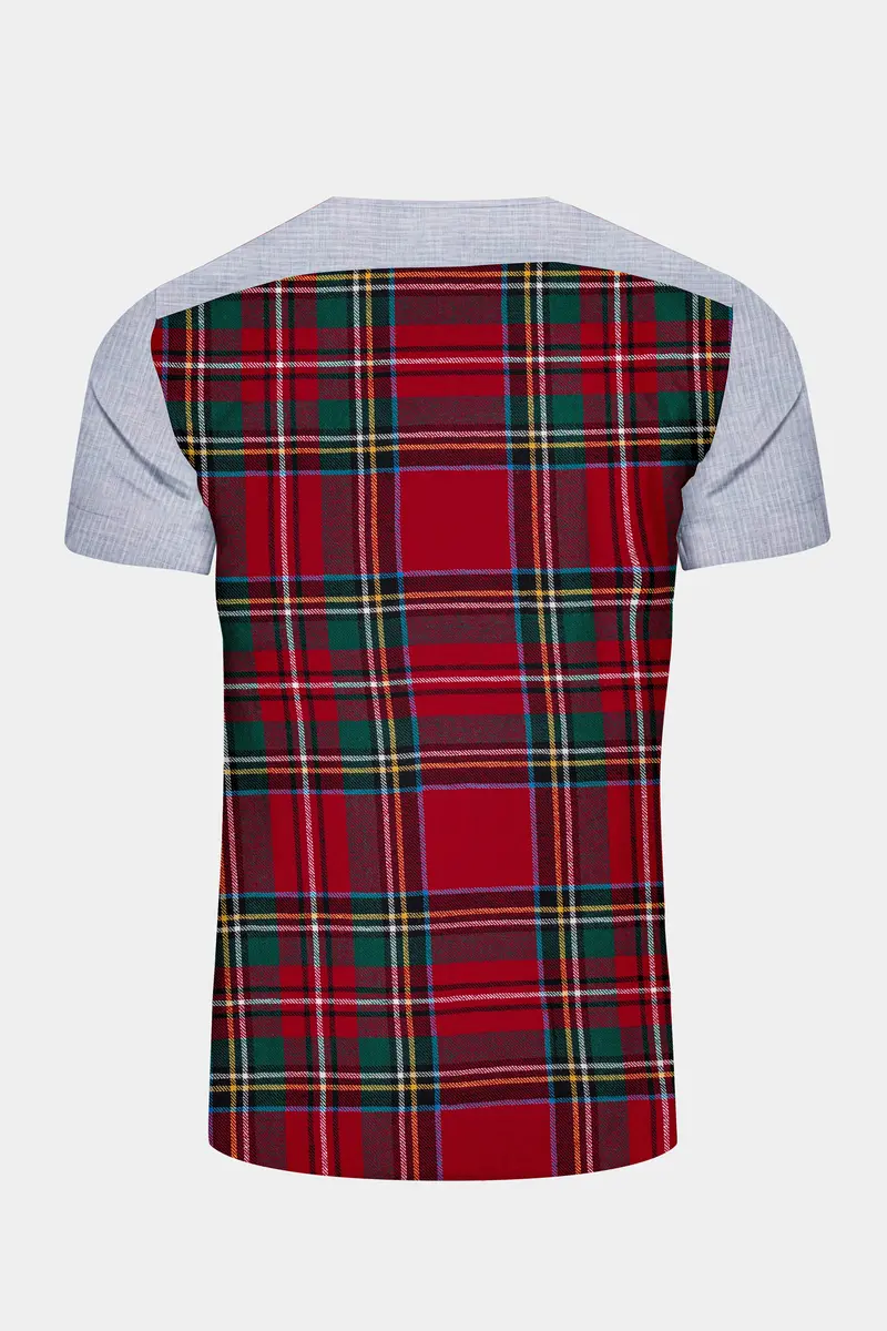 Geyser Gray With Scarlet Red Plaid Flannel Designer Bush Shirt 7