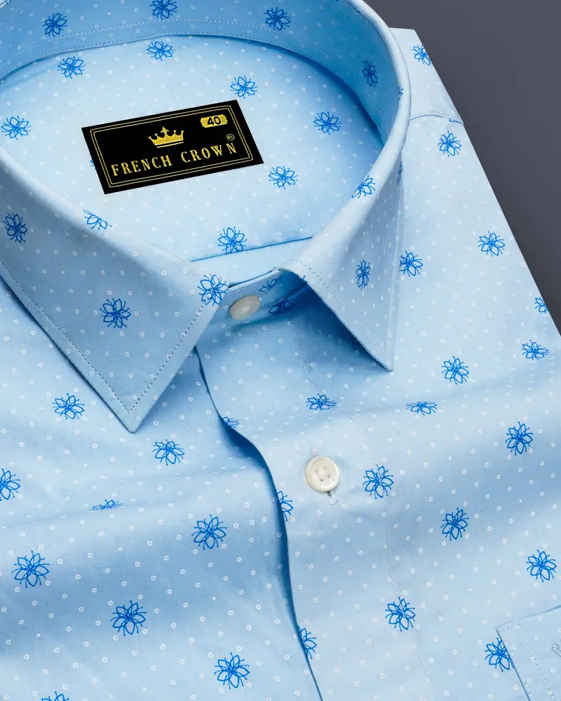 Geyser Sky Blue Ditsy Printed Premium Cotton Shirt 1