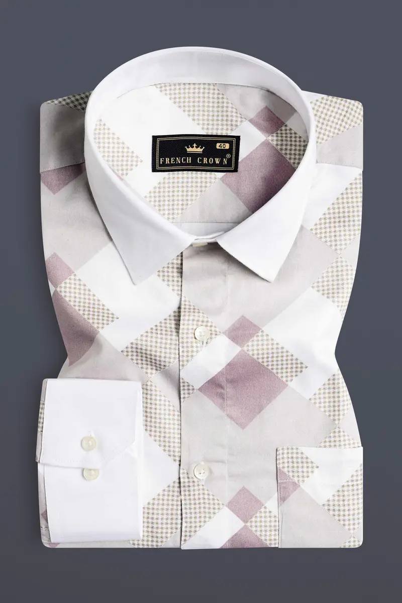Ghost Gray And Blossom Pink Printed With White Cuffs And Collar Subtle Sheen Super Soft Premium Cotton Shirt 2