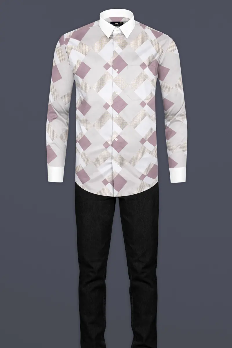 Ghost Gray And Blossom Pink Printed With White Cuffs And Collar Subtle Sheen Super Soft Premium Cotton Shirt 7