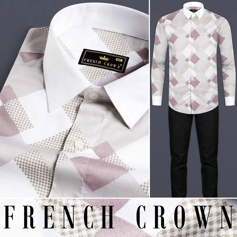 Ghost Gray And Blossom Pink Printed With White Cuffs And Collar Subtle Sheen Super Soft Premium Cotton Shirt 8