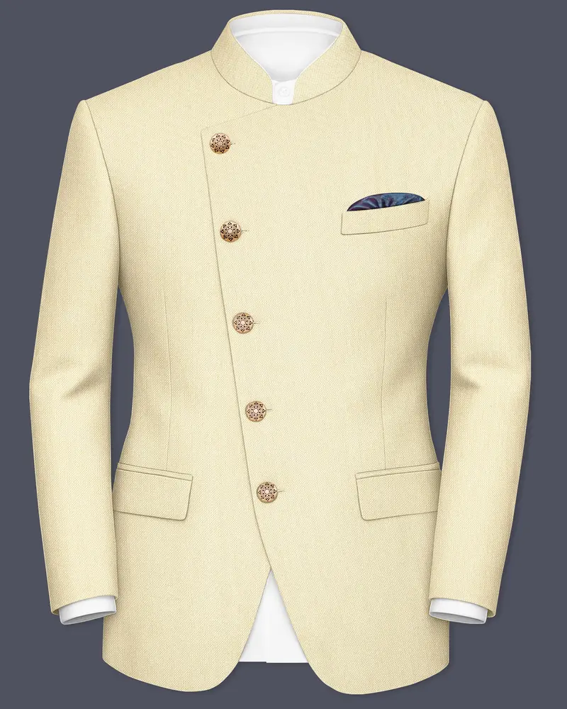 Gialaro-Zombie Yellow Textured Wool Rich Cross Placket Bandhgala Blazer 1