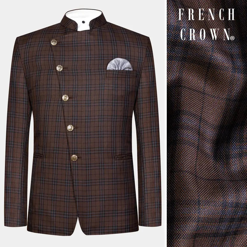Gingerbread Brown And Haiti Blue Plaid Wool Rich Cross Placket Bandhgala Blazer 1