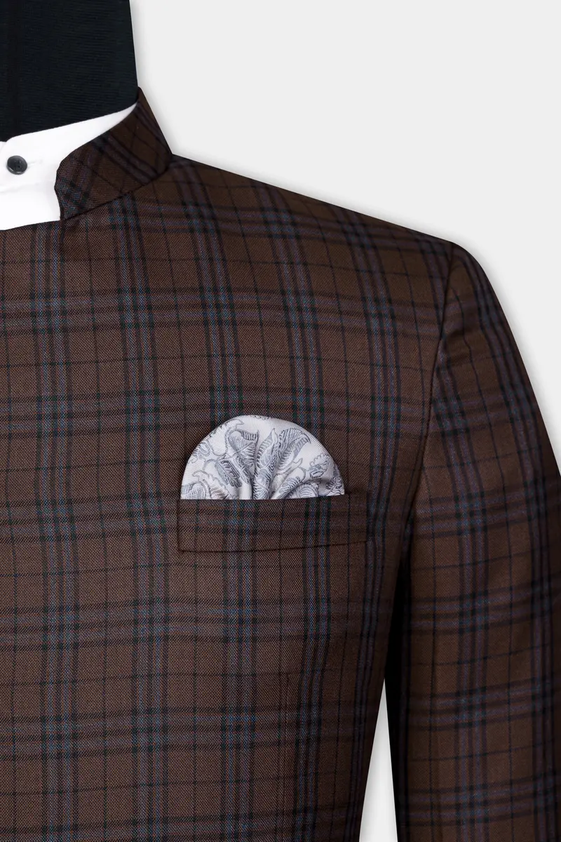 Gingerbread Brown And Haiti Blue Plaid Wool Rich Cross Placket Bandhgala Blazer 6
