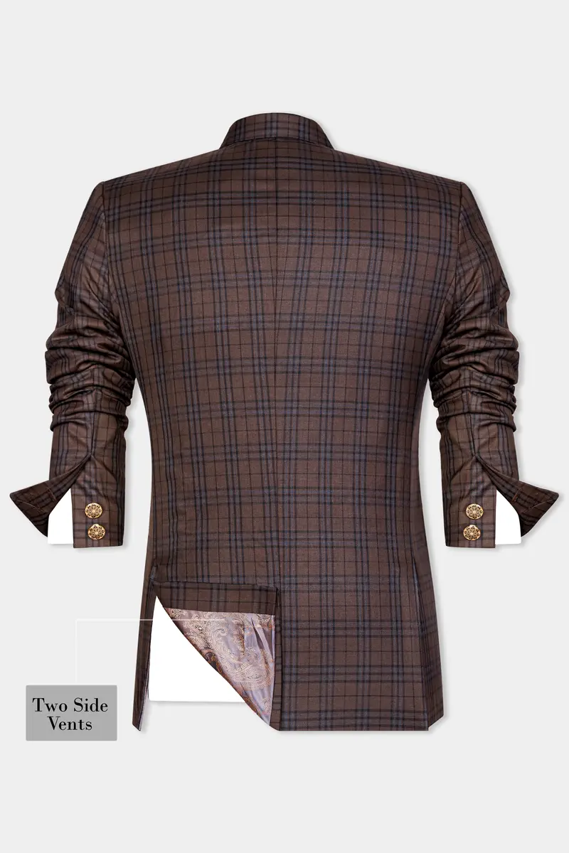 Gingerbread Brown And Haiti Blue Plaid Wool Rich Cross Placket Bandhgala Blazer 8