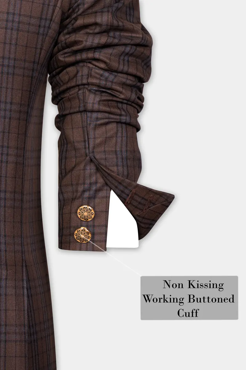 Gingerbread Brown And Haiti Blue Plaid Wool Rich Cross Placket Bandhgala Blazer 9