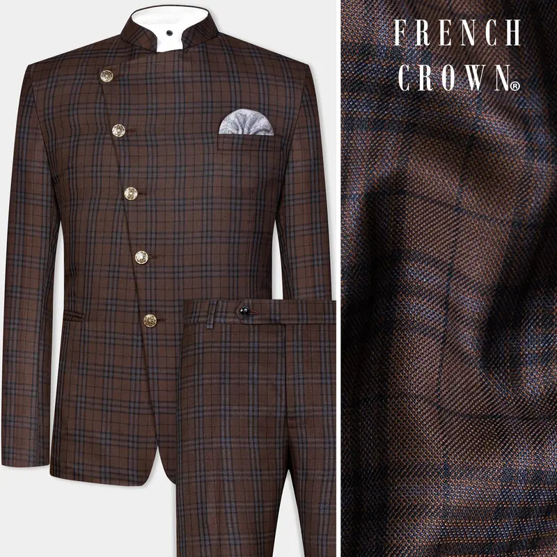 Gingerbread Brown And Haiti Blue Plaid Wool Rich Cross Placket Bandhgala Suit 1