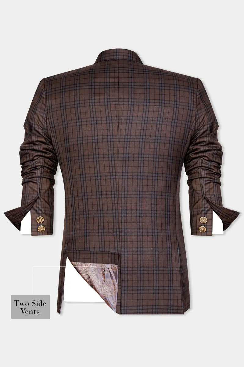 Gingerbread Brown And Haiti Blue Plaid Wool Rich Cross Placket Bandhgala Suit 10