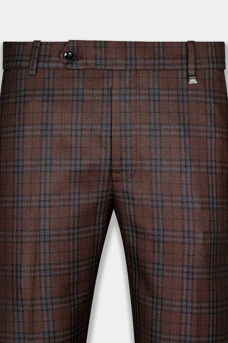 Gingerbread Brown And Haiti Blue Plaid Wool Rich Cross Placket Bandhgala Suit 12