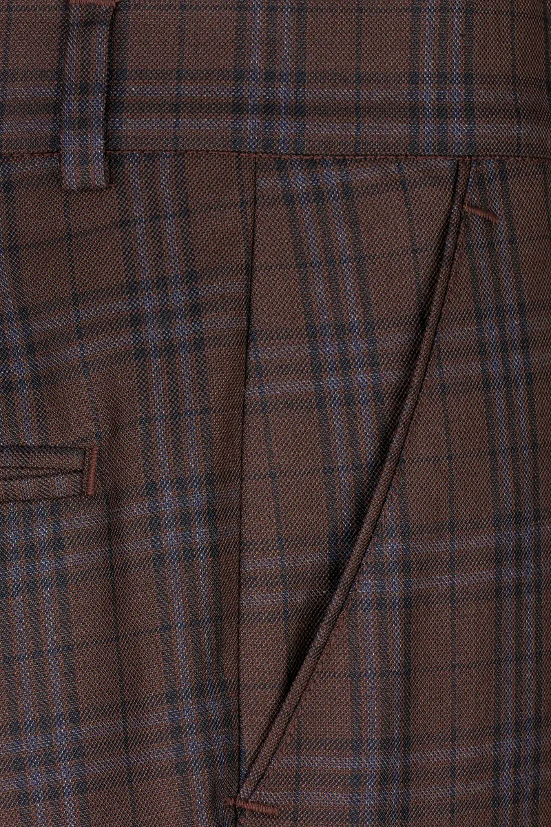 Gingerbread Brown And Haiti Blue Plaid Wool Rich Cross Placket Bandhgala Suit 14