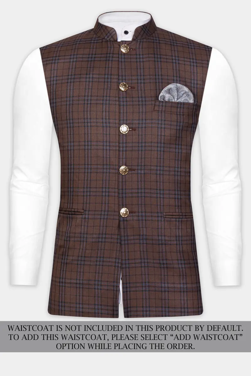 Gingerbread Brown And Haiti Blue Plaid Wool Rich Cross Placket Bandhgala Suit 15