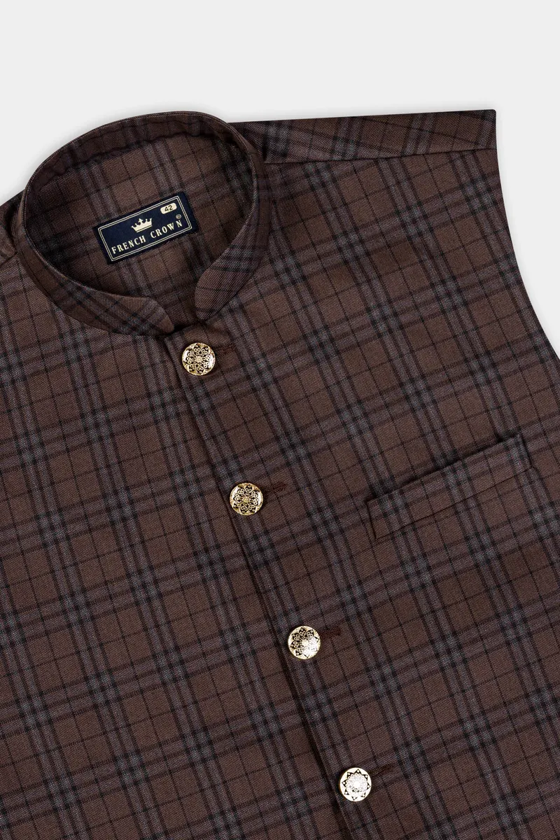 Gingerbread Brown And Haiti Blue Plaid Wool Rich Cross Placket Bandhgala Suit 16