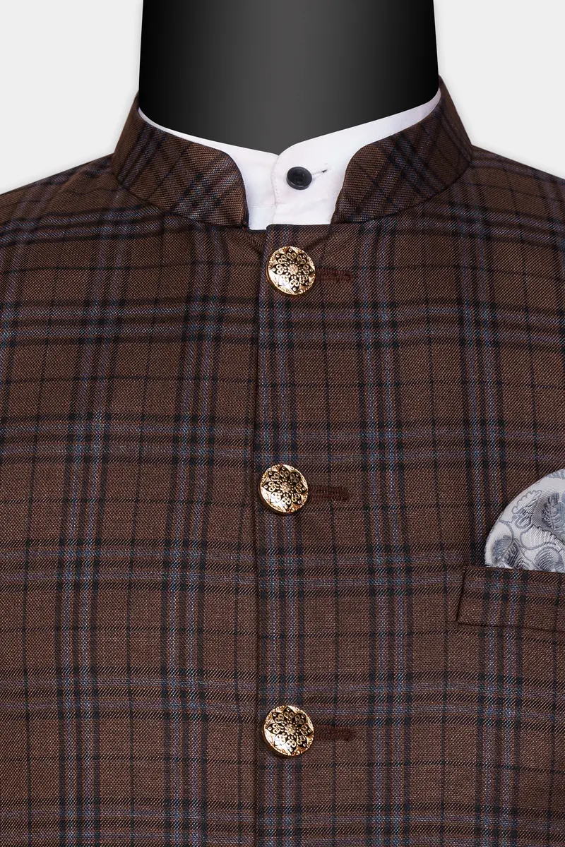 Gingerbread Brown And Haiti Blue Plaid Wool Rich Cross Placket Bandhgala Suit 18