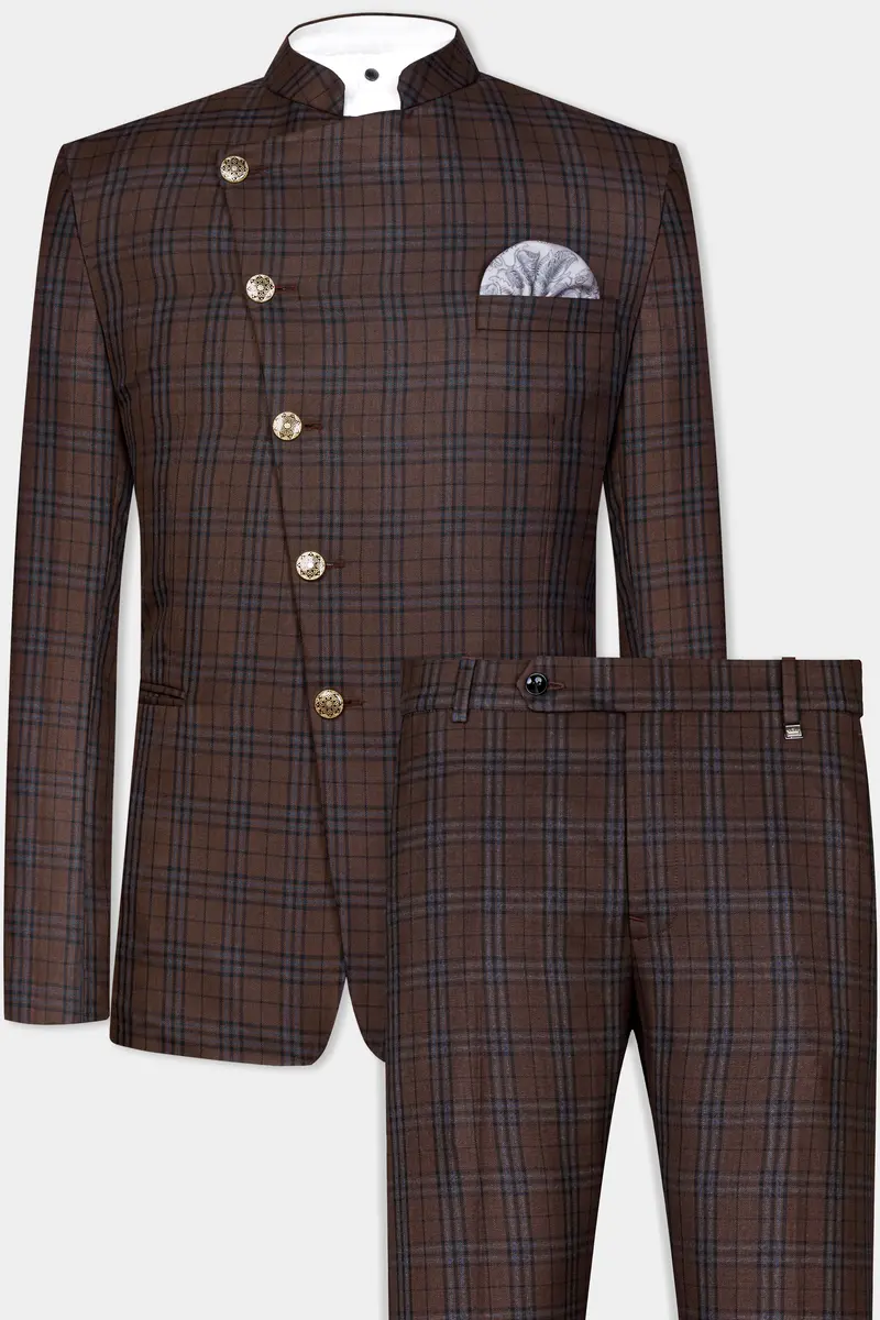 Gingerbread Brown And Haiti Blue Plaid Wool Rich Cross Placket Bandhgala Suit 2