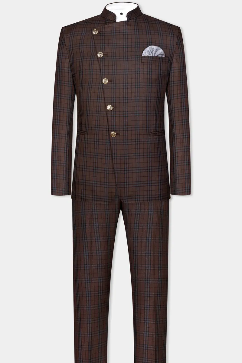 Gingerbread Brown And Haiti Blue Plaid Wool Rich Cross Placket Bandhgala Suit 4