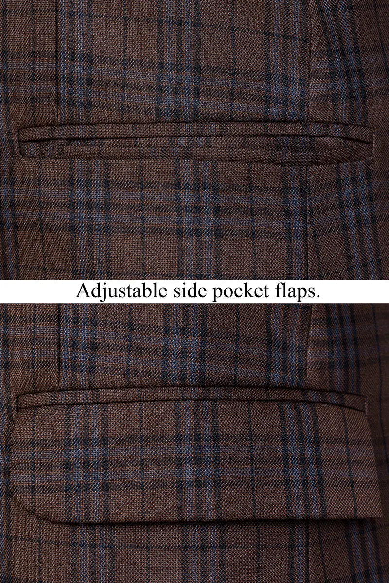 Gingerbread Brown And Haiti Blue Plaid Wool Rich Cross Placket Bandhgala Suit 6