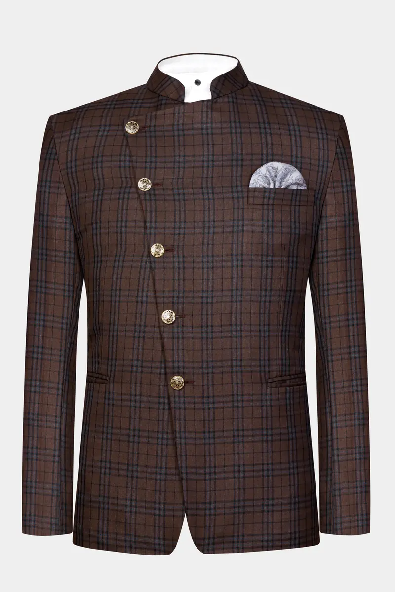 Gingerbread Brown And Haiti Blue Plaid Wool Rich Cross Placket Bandhgala Suit 9