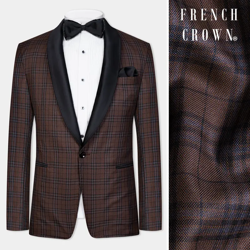 Gingerbread Brown And Haiti Blue Plaid Wool Rich Tuxedo Blazer 1