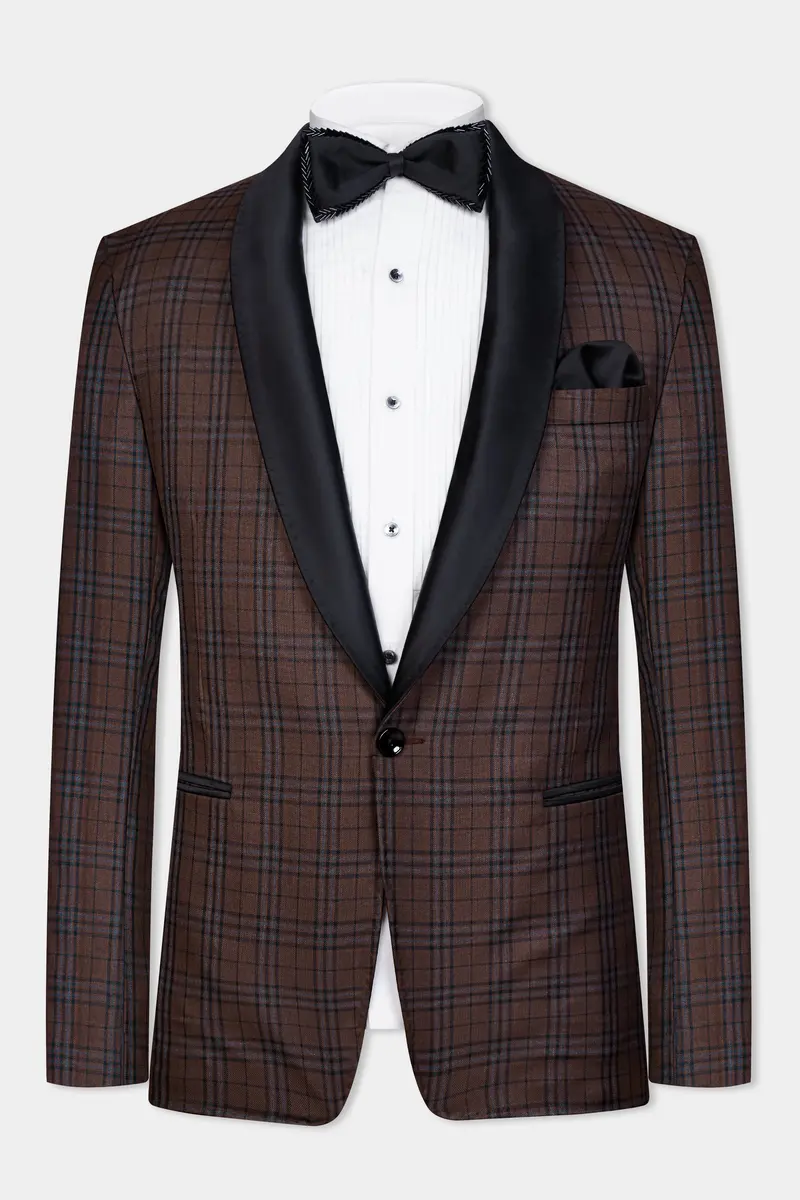 Gingerbread Brown And Haiti Blue Plaid Wool Rich Tuxedo Blazer 2