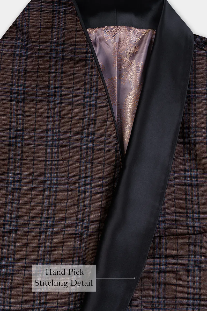 Gingerbread Brown And Haiti Blue Plaid Wool Rich Tuxedo Blazer 4