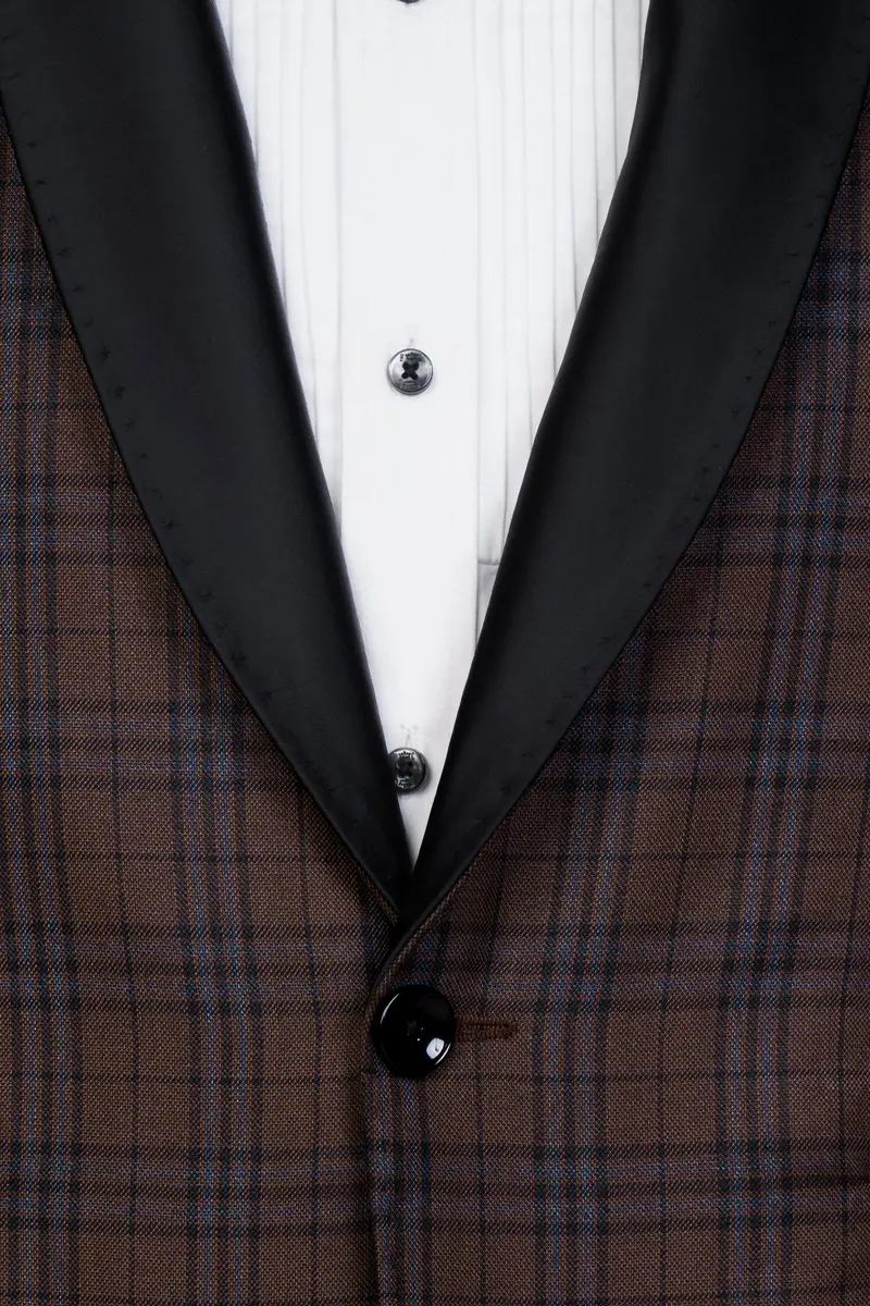 Gingerbread Brown And Haiti Blue Plaid Wool Rich Tuxedo Blazer 5