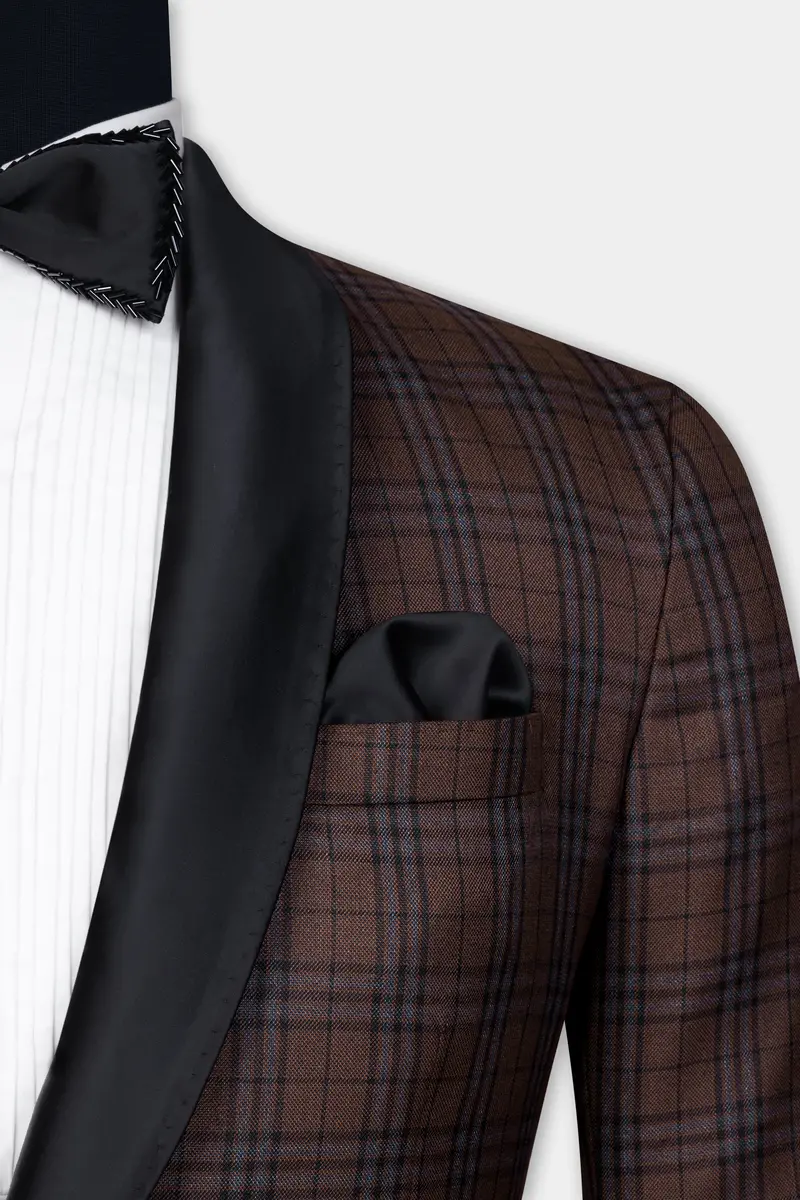 Gingerbread Brown And Haiti Blue Plaid Wool Rich Tuxedo Blazer 7