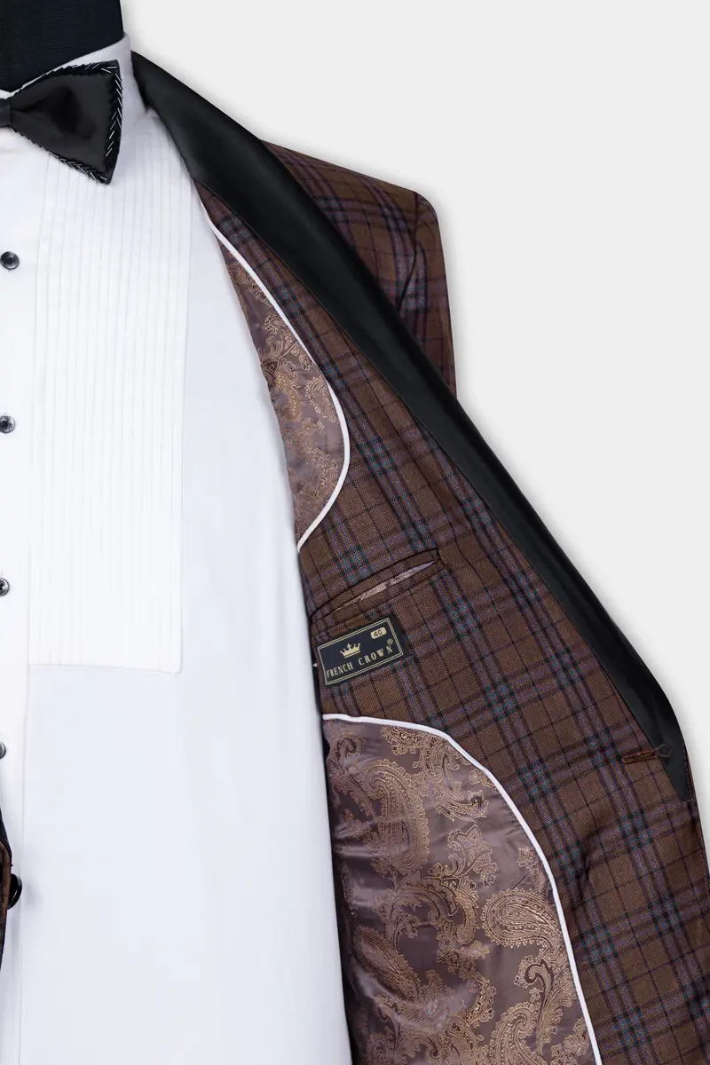 Gingerbread Brown And Haiti Blue Plaid Wool Rich Tuxedo Blazer 8