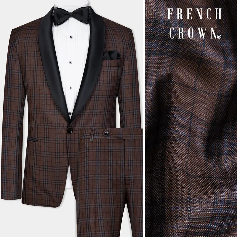 Gingerbread Brown And Haiti Blue Plaid Wool Rich Tuxedo Suit 1