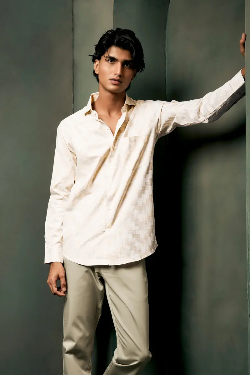 Givry Cream Jacquard Textured Premium Cotton Shirt 10