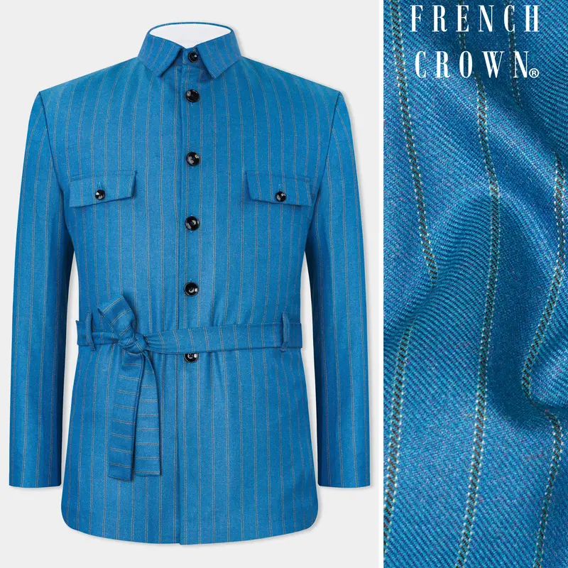 Glacial Blue Striped Tweed Bandhgala Designer Blazer 1
