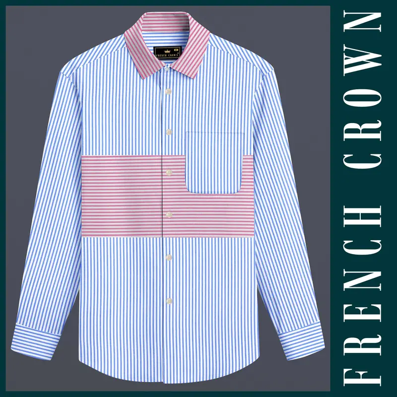 Glacial Blue With White And Thulian Pink Striped Seersucker Designer Shirt 1