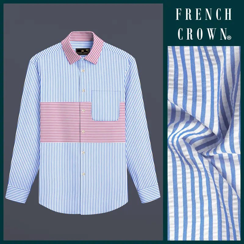 Glacial Blue With White And Thulian Pink Striped Seersucker Designer Shirt 10
