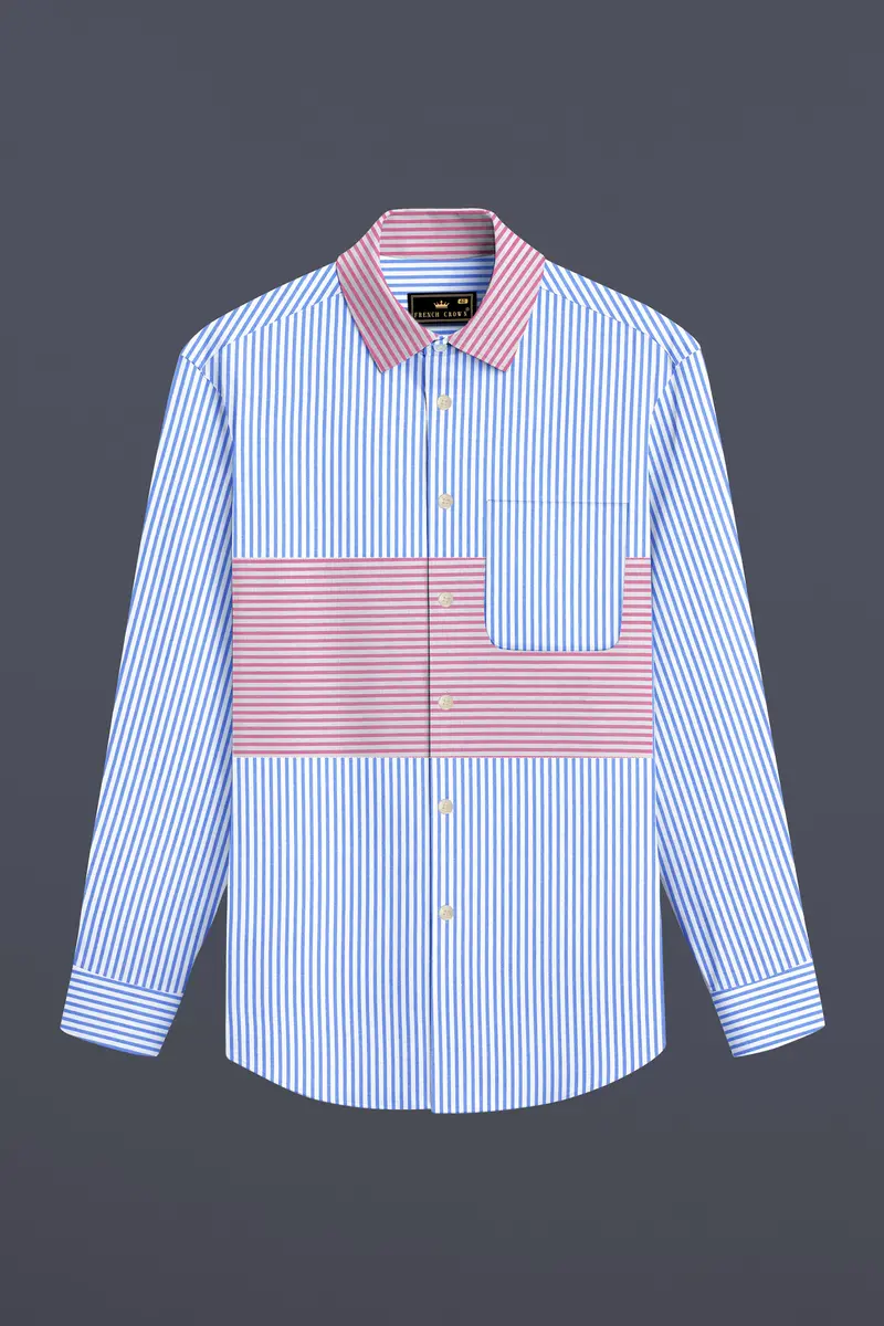 Glacial Blue With White And Thulian Pink Striped Seersucker Designer Shirt 2