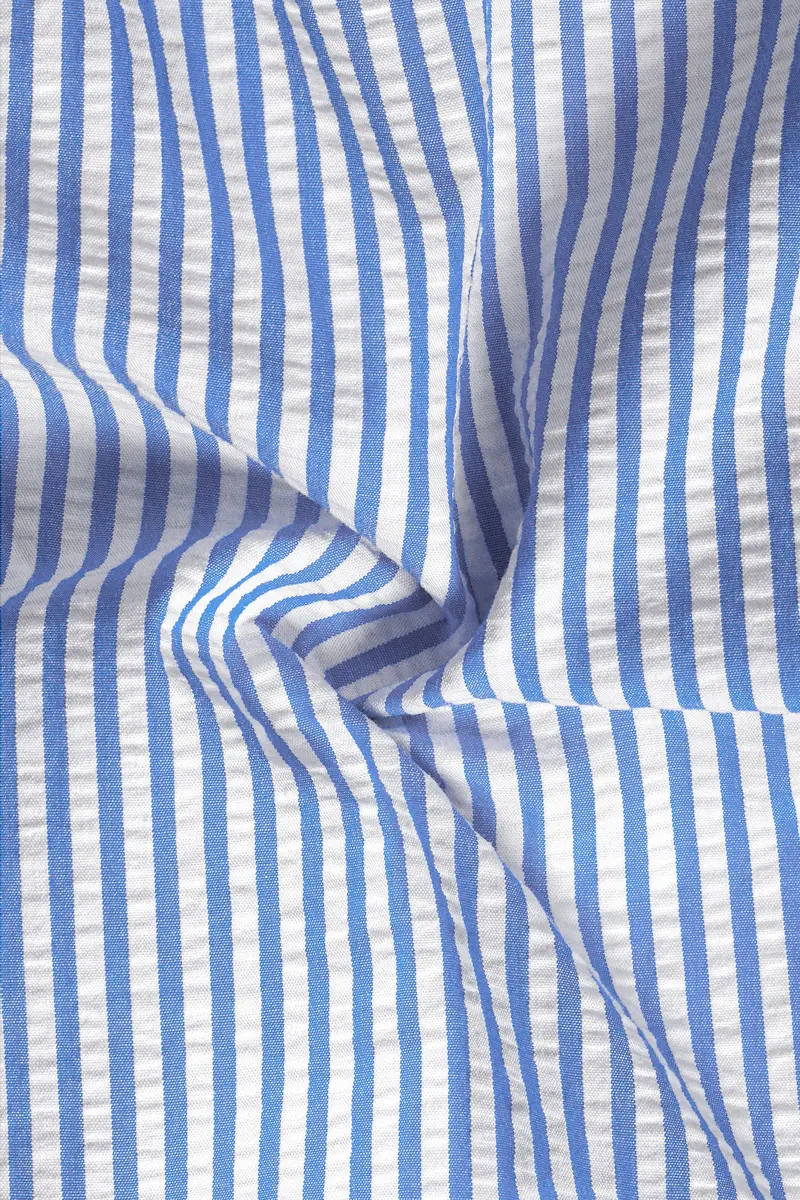 Glacial Blue With White And Thulian Pink Striped Seersucker Designer Shirt 3