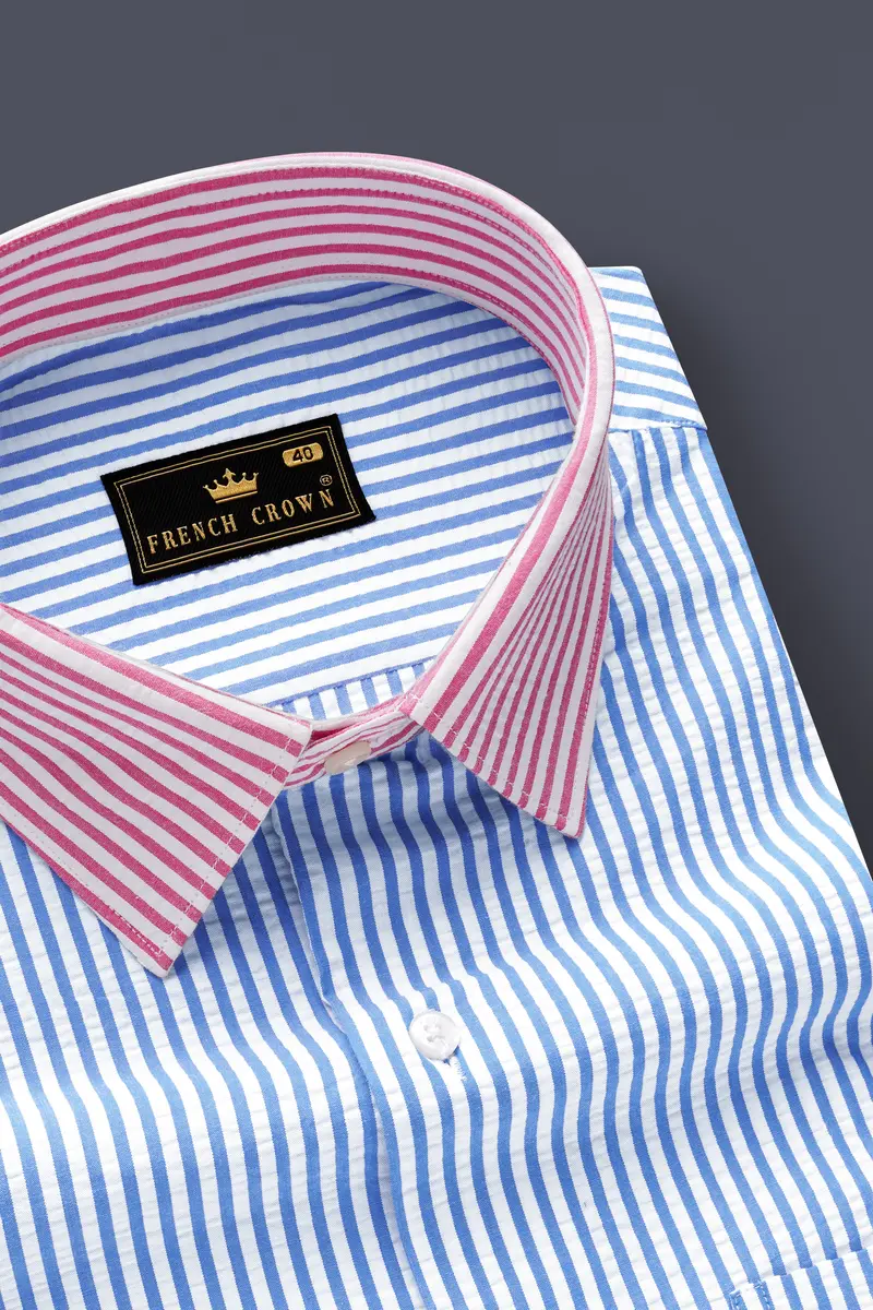 Glacial Blue With White And Thulian Pink Striped Seersucker Designer Shirt 4