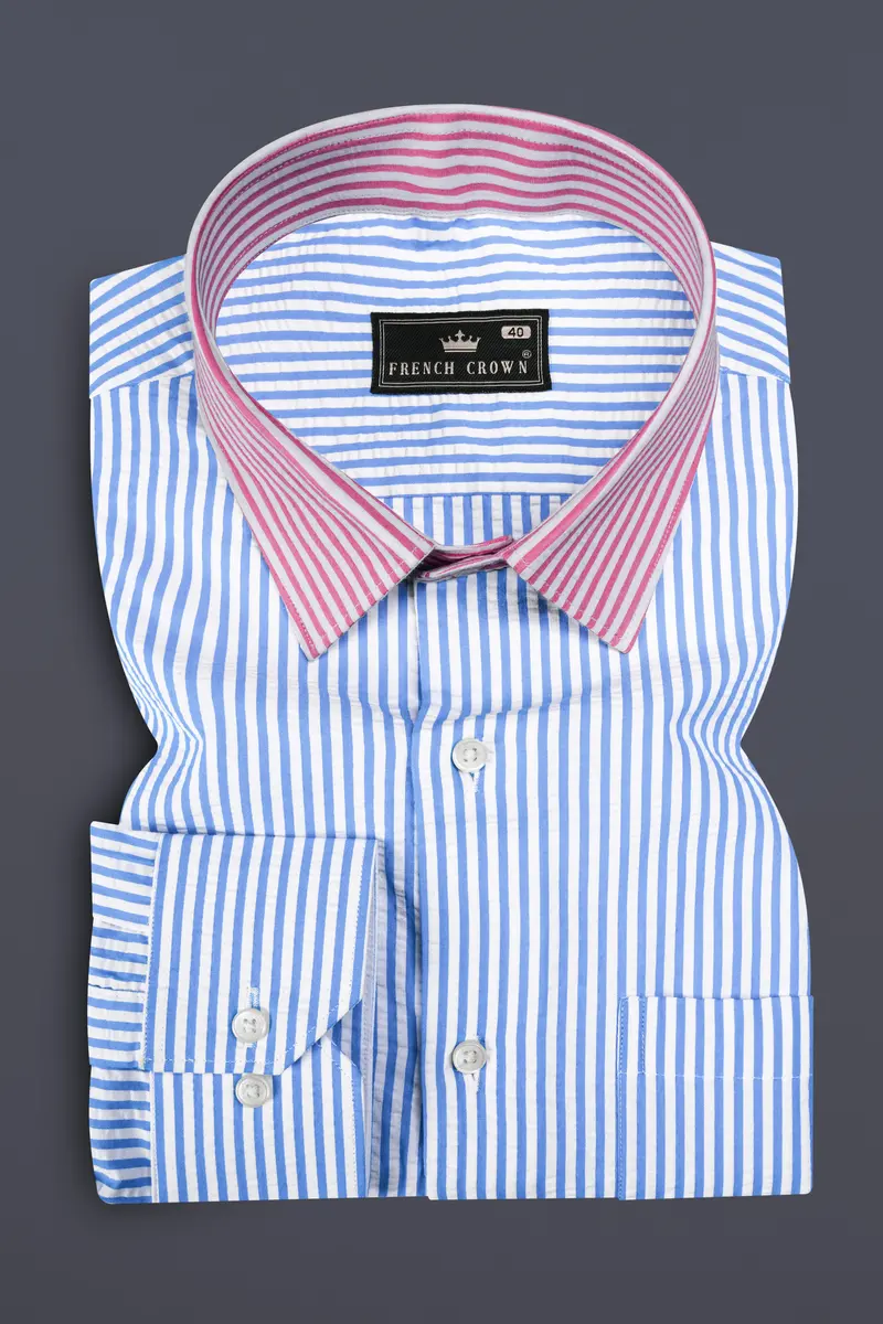 Glacial Blue With White And Thulian Pink Striped Seersucker Designer Shirt 5