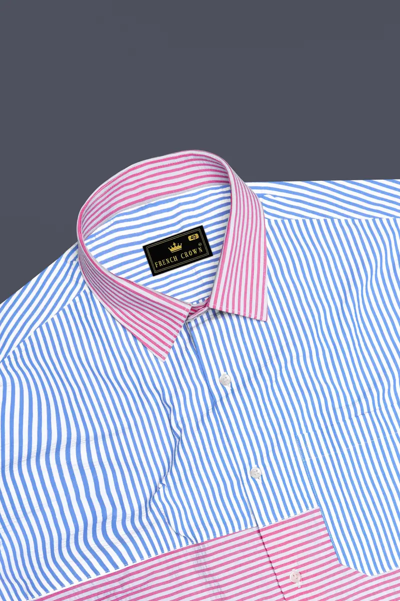 Glacial Blue With White And Thulian Pink Striped Seersucker Designer Shirt 6