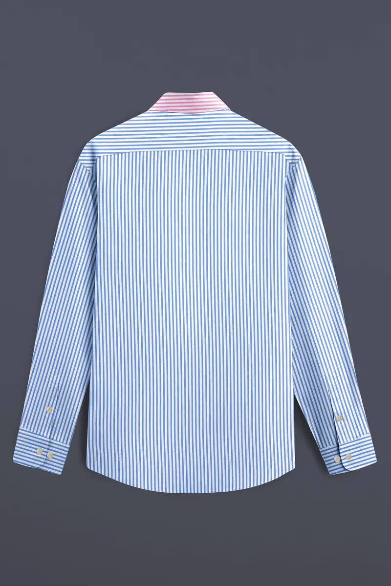 Glacial Blue With White And Thulian Pink Striped Seersucker Designer Shirt 7