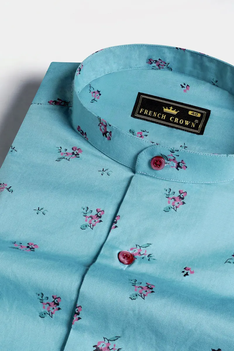 Glacier Blue And Fuchsia Pink Ditsy Printed Premium Cotton Shirt 1