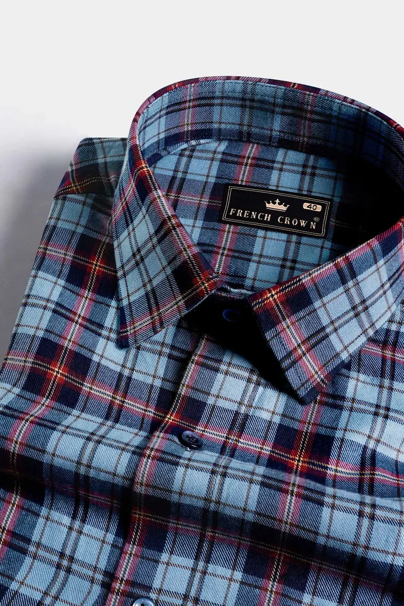 Glacier Blue And Merlot Red Twill Plaid Premium Cotton Shirt 1