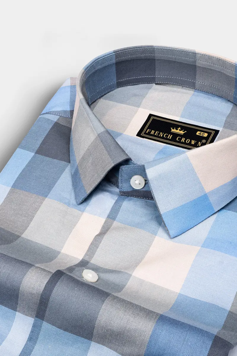 Glacier Blue And Oyster Beige Checked Twill Premium Cotton Shirt 1