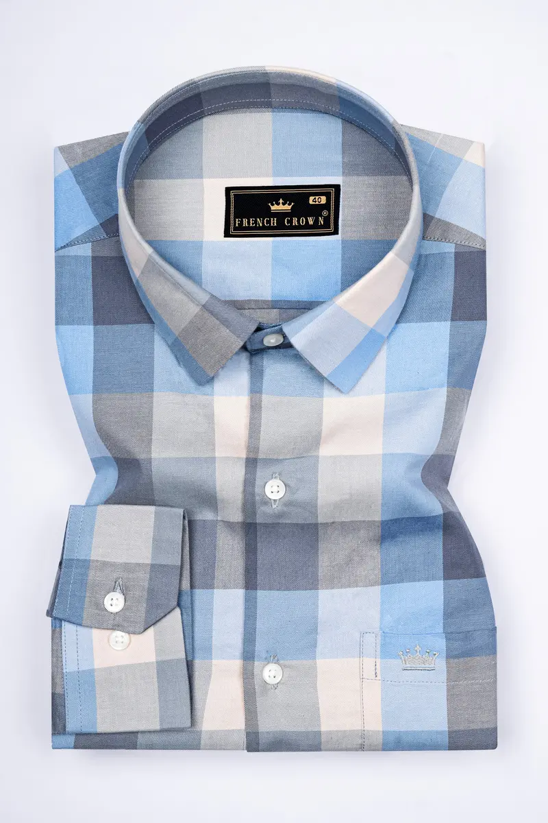 Glacier Blue And Oyster Beige Checked Twill Premium Cotton Shirt 3