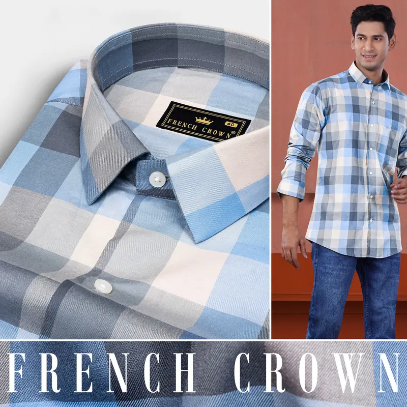 Glacier Blue And Oyster Beige Checked Twill Premium Cotton Shirt 4