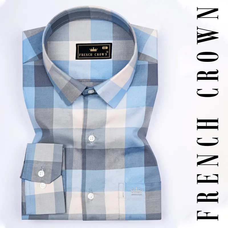 Glacier Blue And Oyster Beige Checked Twill Premium Cotton Shirt 7
