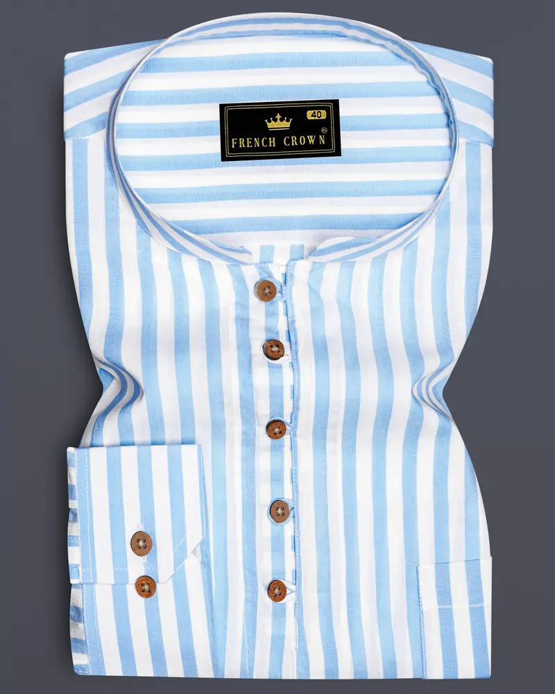 Glacier Blue And White Striped Premium Cotton Kurta Shirt 1