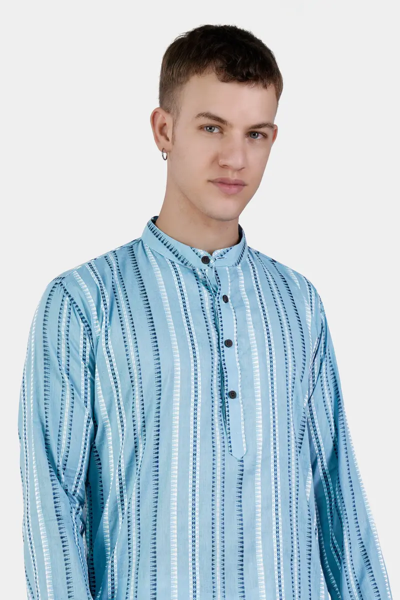 Glacier Blue Dobby Textured Premium Giza Cotton Kurta Set 4