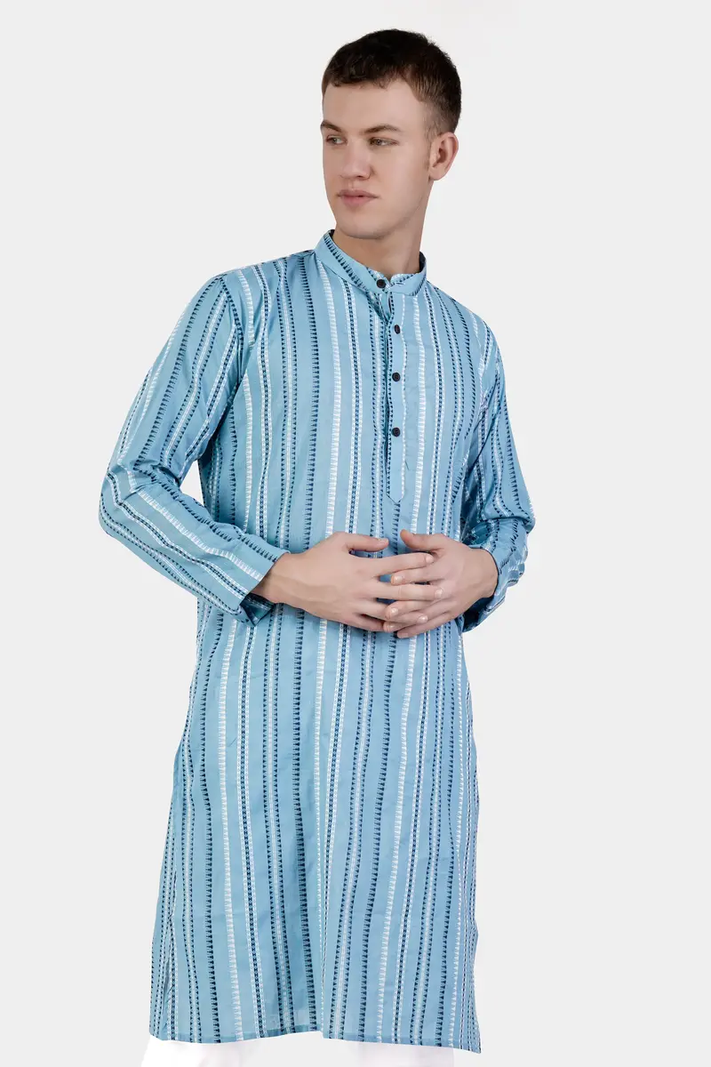 Glacier Blue Dobby Textured Premium Giza Cotton Kurta Set 5