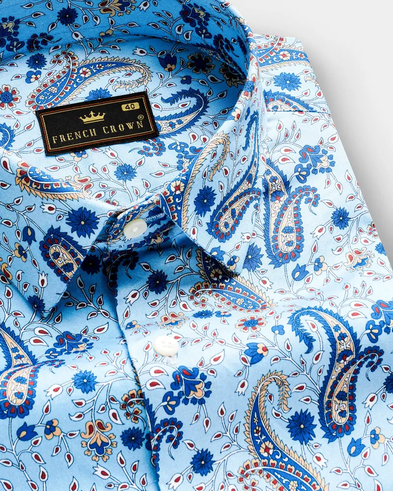 Glacier Blue Paisleys Printed Subtle Sheen Super Soft Premium Cotton Shirt 1