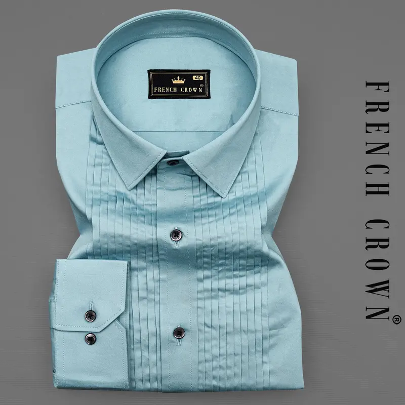 Glacier Blue Subtle Sheen Snake Pleated Super Soft Premium Cotton Tuxedo Shirt 1